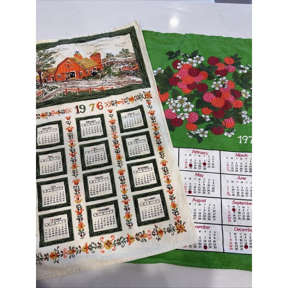 VTG Linen Tea Towels Lot‎ 2 Calendar 1976 Country Farm 1974 Fruit Flowers